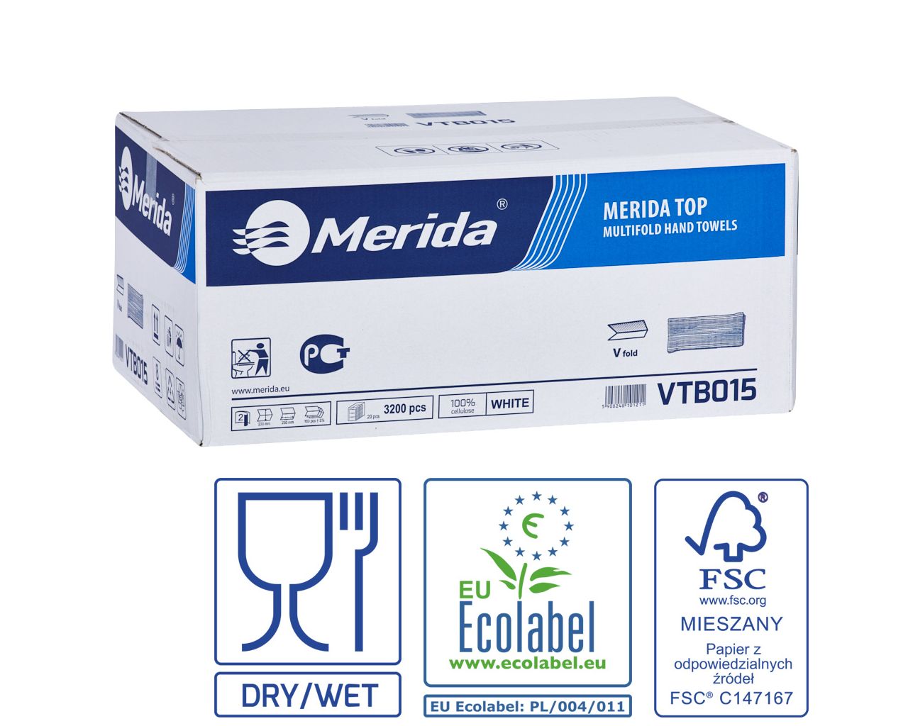 Ręczniki papierowe MERIDA TOP, białe, dwuwarstwowe, 3200 szt., ECOLABEL